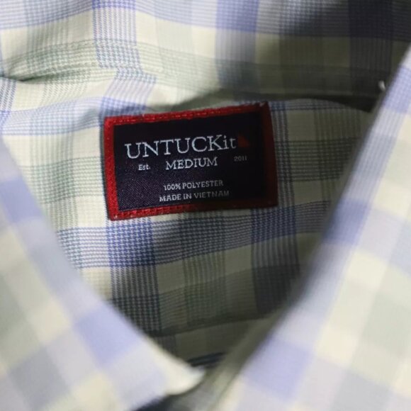UNTUCKit Button Up Shirt Men M Green/Blue Plaid Casual Spread Collared Polyester - Picture 5 of 8